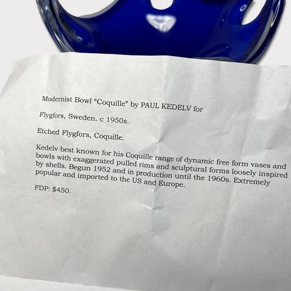 Glass Blue Modernist Bowl Conquille by Paul Kedelv Signed MCM Mid Century - Picture 8 of 10